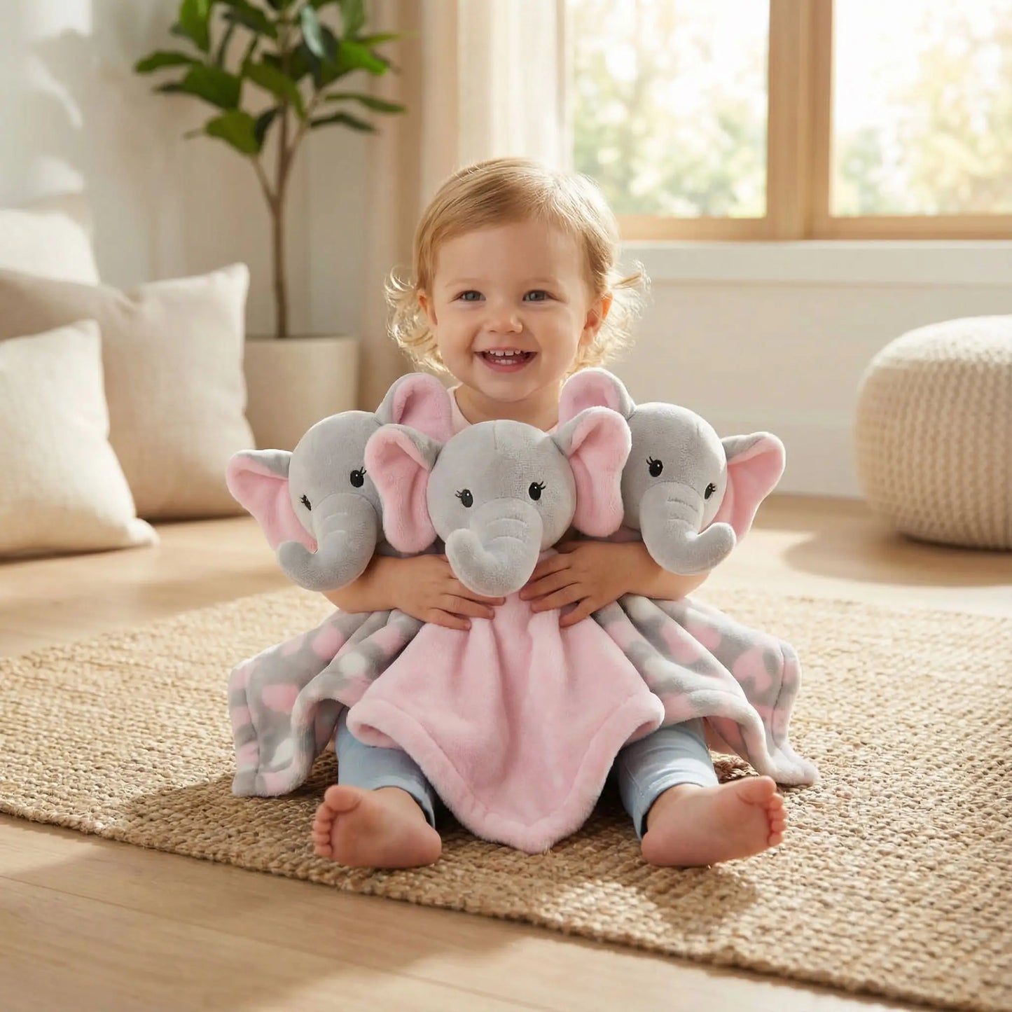 doudou éléphant douceur rose gris trio fillette heureuse assise 
