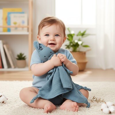 Doudou lapin câlin mousseline douce bleu bébé joyeux assis câlin