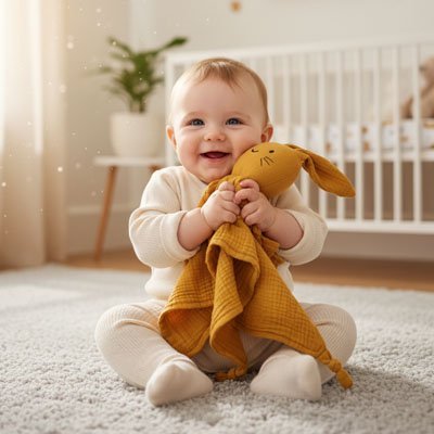 Doudou lapin câlin mousseline douce jaune moutarde bébé joyeux