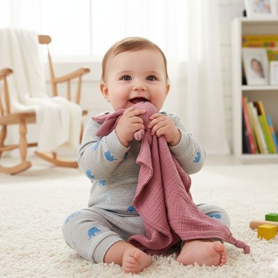 Doudou lapin câlin mousseline douce rose bébé content assis