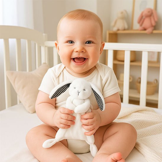 doudou lapin consolateur blanc bébé assis content