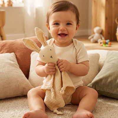 Doudou lapin doudoune tout doux beige bébé joyeux assis