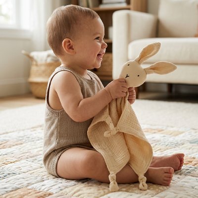 Doudou lapin doudoune tout doux beige bébé souriant assis