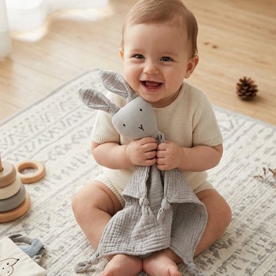 Doudou lapin doudoune tout doux gris bébé joyeux câlin