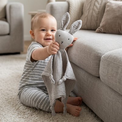  Doudou lapin doudoune tout doux gris bébé joyeux assis