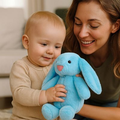 doudou lapin la tendresse bébé calme bleu fils mère joyeux