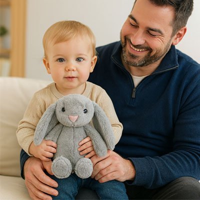 doudou lapin la tendresse bébé calme gris fils père joyeux