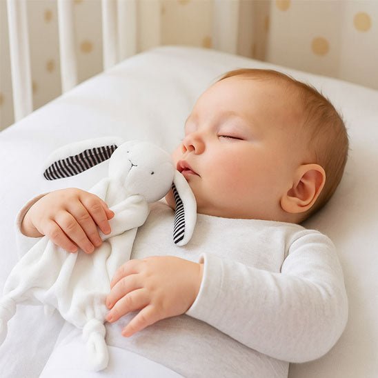 doudou lapin le consolateur blanc bébé dort
