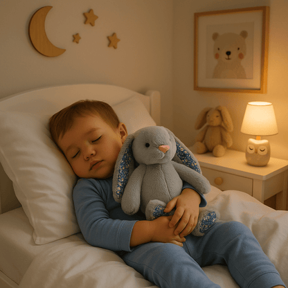 doudou lapin les oreilles florales argent garçon dort