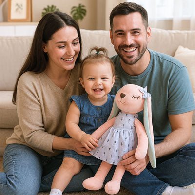 doudou lapin longues oreilles bleu maman papa fille joyeux