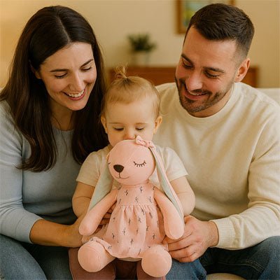 doudou lapin longues oreilles rose-famille en joie