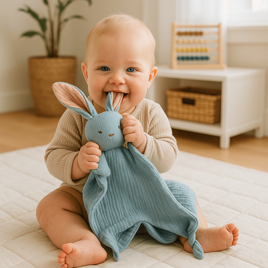 Doudou lapin mousseline apaisante bébé calme assis mâchouille oreilles