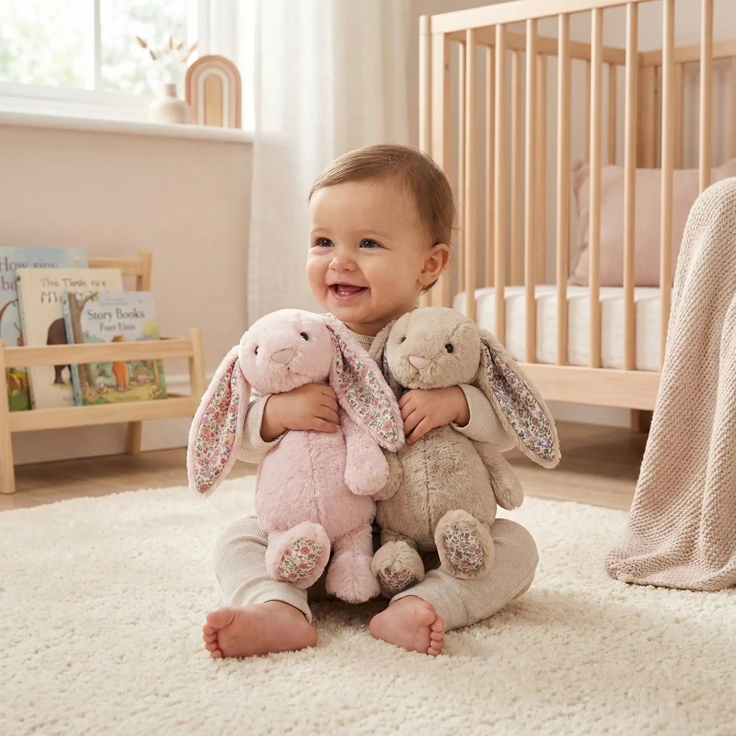 doudou lapin oreilles florales sommeil bébé coton duo rose beige