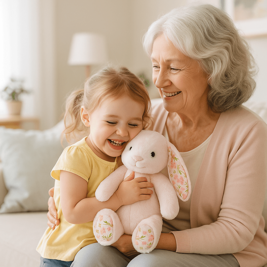 doudou lapin oreilles florales sommeil coton rose bébé grand-mère