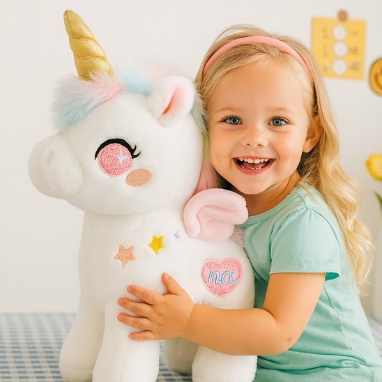 doudou licorne Magicdream calme rose fillette contente bras