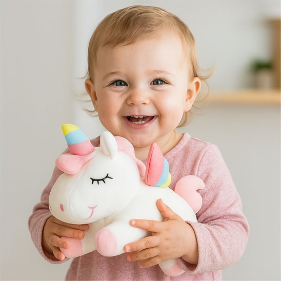 doudou licorne douceur magique bébé blanc fillette  souriante calin