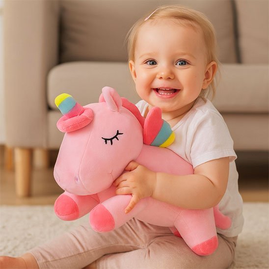 doudou licorne douceur magique bébé rose fillette assise souriante