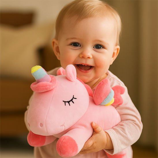 doudou licorne douceur magique bébé rose fillette souriante embrasse
