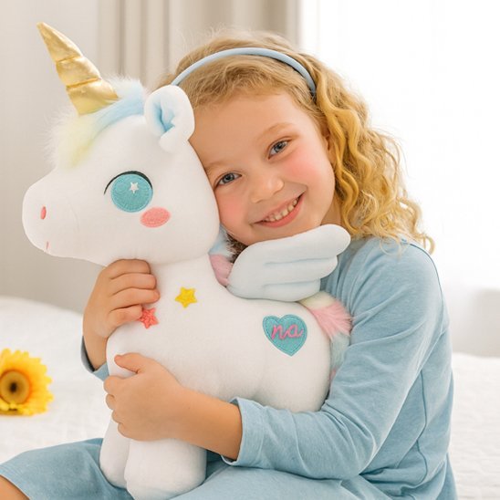 doudou licorne Magicdream calme bleu fillette blonde joyeuse bras