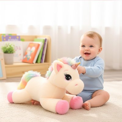 doudou licorne nuit magique calme rose bébé souriant tire oreille