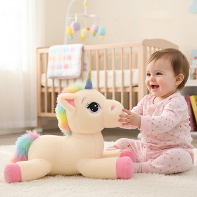 doudou licorne nuit magique calme rose bébé souriant touche bouche
