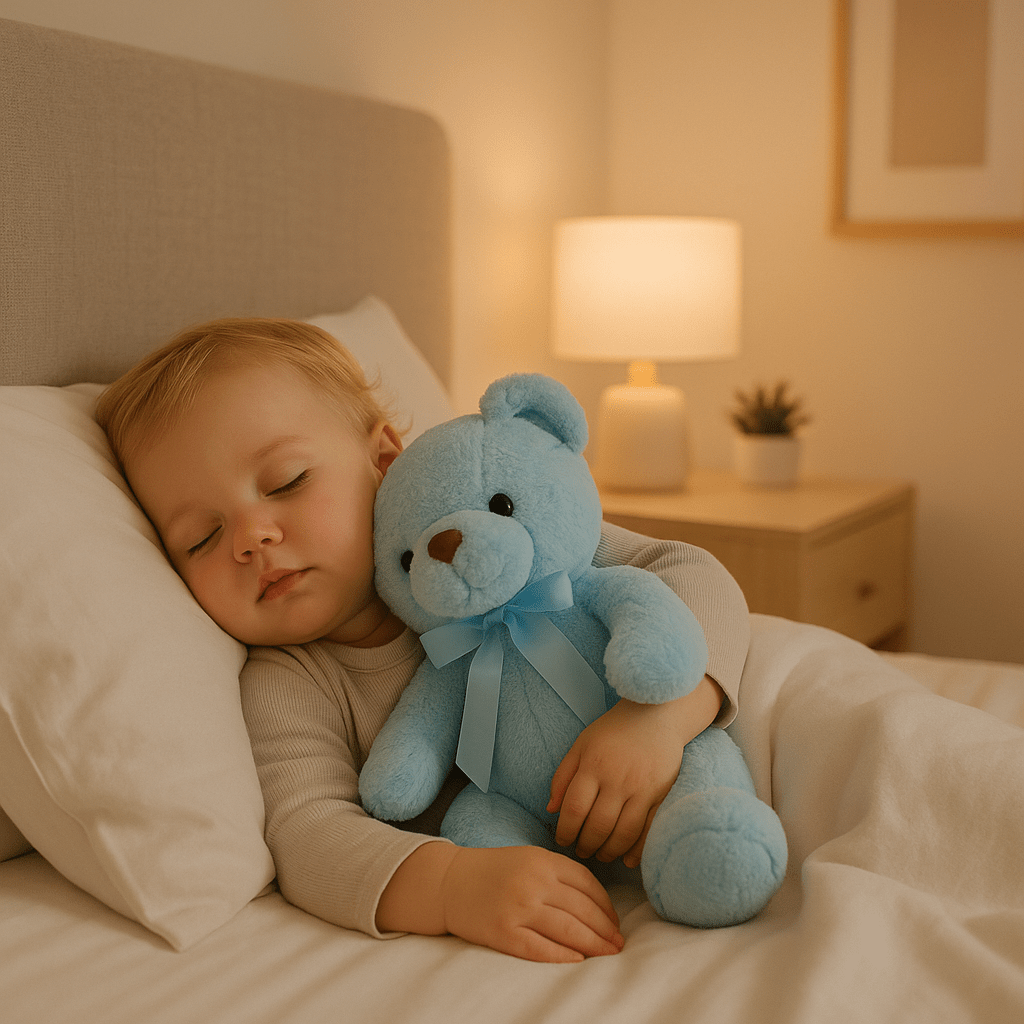 doudou ours bleu bébé dort