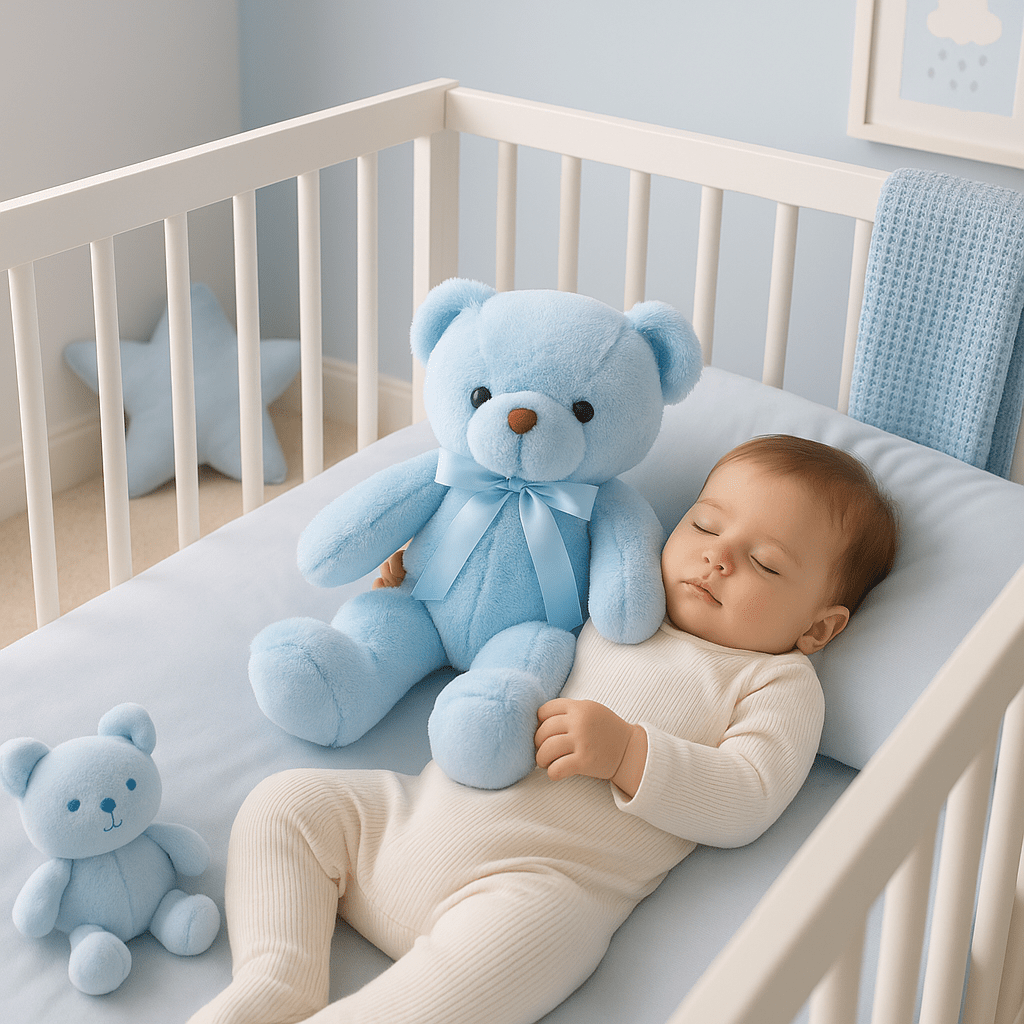 doudou ours bleu fillette dort
