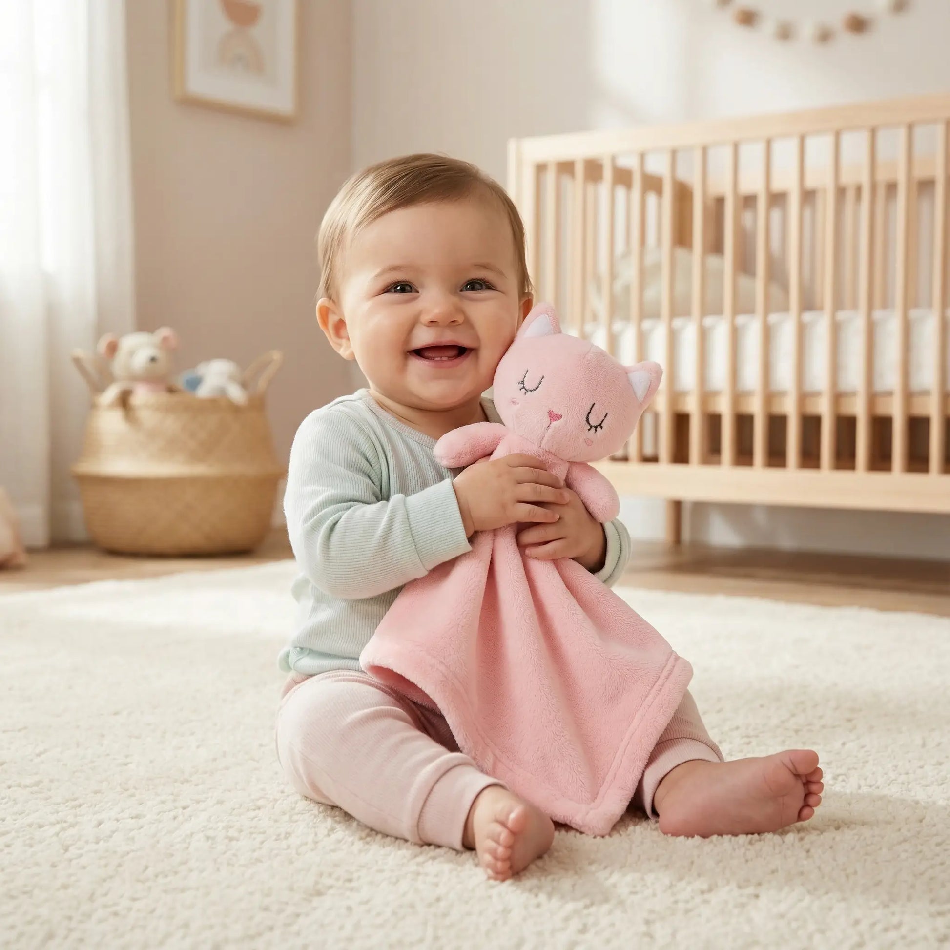 doudou plat chat rose velours apaisant bébé contente assis