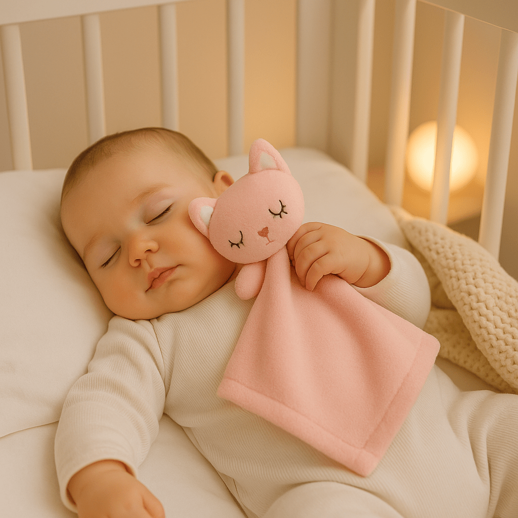 doudou plat chat rose velours apaisant bébé dort paisiblement
