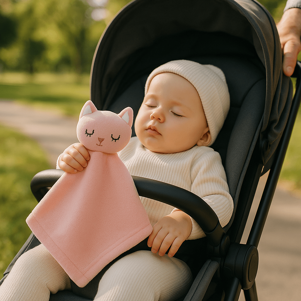 doudou plat chat rose velours apaisant bébé dort poussette