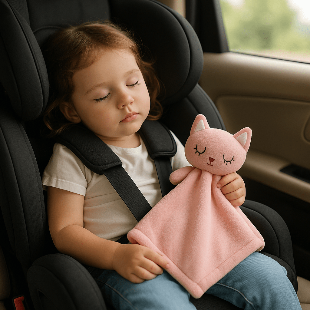 doudou plat chat rose velours apaisant bébé dort siège auto
