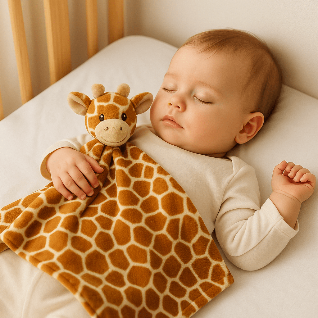 doudou plat girafe long cou bronze  bébé dort