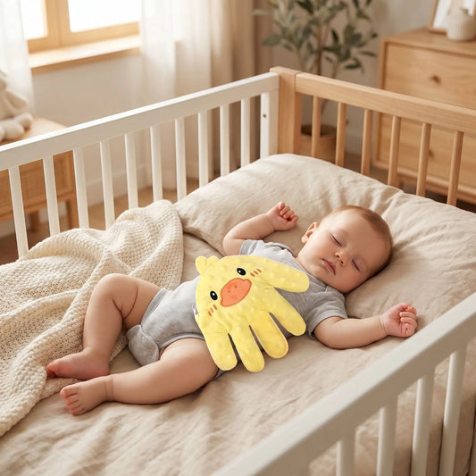 Doudou qui tapote bébé main canard jaune apaisant bébé dort