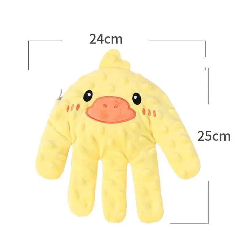 Doudou qui tapote bébé main canard jaune apaisant dimensions