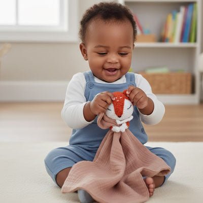 Doudou renard coton bio doux Renardeau rose bébé content