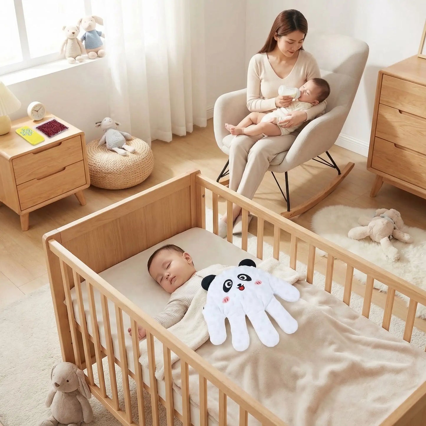 doudou tapote bébé panda jumeau dort mama biberon autre jumeau