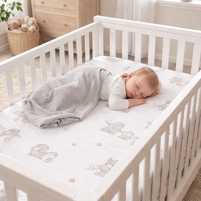 Drap housse lit bébé Doucinuit éléphanteau bébé dort paisibement