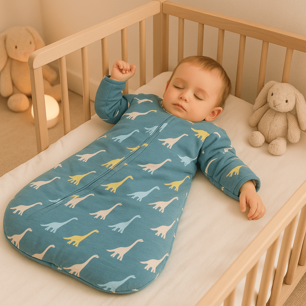 gigoteuse hiver cocon thermorégulateur dinosaure bleu bébé dort