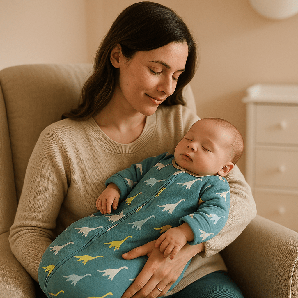gigoteuse hiver thermorégulateur dinosaure bleu bébé dort bras maman 