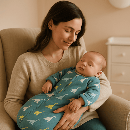 gigoteuse hiver thermorégulateur dinosaure bleu bébé dort bras maman 