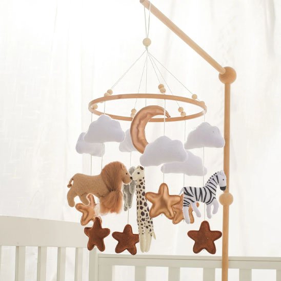 MOBILE BEBE éveil douceur safari accroché tige bois solide démo
