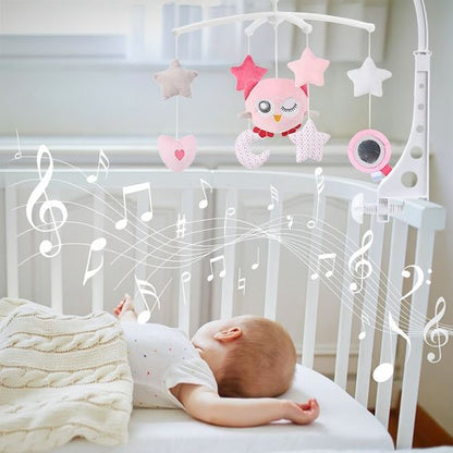 Mobile bebe musical apaisé hiboux rose bébé dort