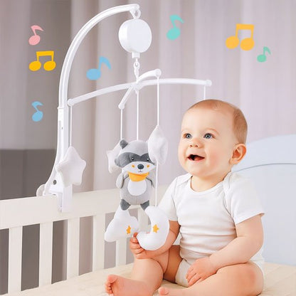 Mobile bebe musical apaisé raton laveur bébé joyeux assis lit