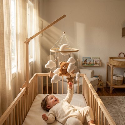 Mobile pour bébé apaisant bois naturel bébé couché dos explore