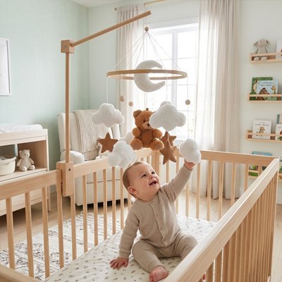 Mobile pour bébé apaisant bois naturel bébé s'amuse lit
