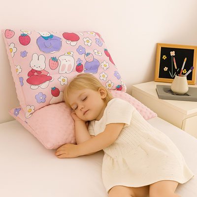 oreiller enfant ergonomique lapins- fraises fille dort profondément