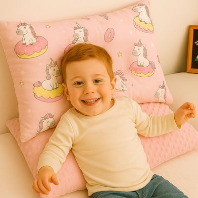 oreiller enfant ergonomique licornes garçon souriant 