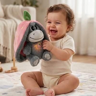 Peluche qui respire âne câlin apaisant bébé fou rires assis