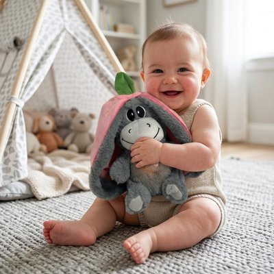 Peluche qui respire âne câlin apaisant bébé joyeux assis