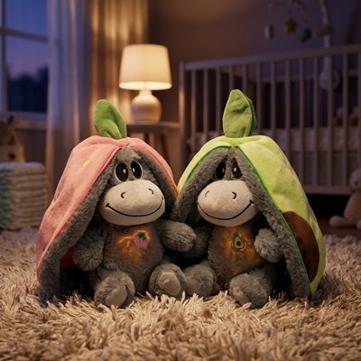 Peluche qui respire âne câlin apaisant  duo rose vert